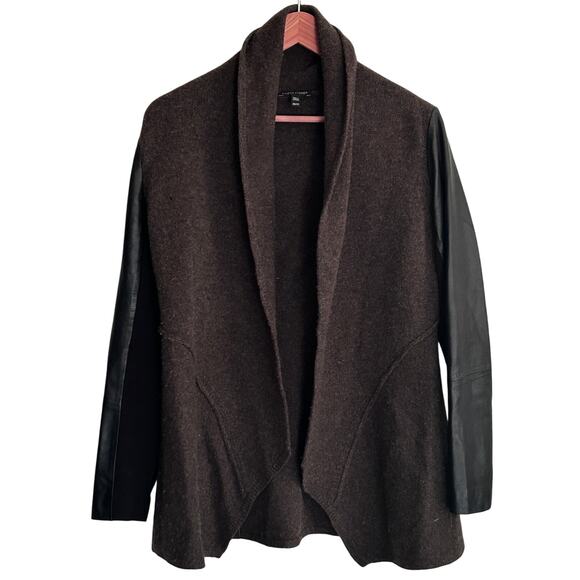 Eileen Fisher Wool Leather Jacket XS Brown Black Open Front Cardigan Capsule - Picture 1 of 6